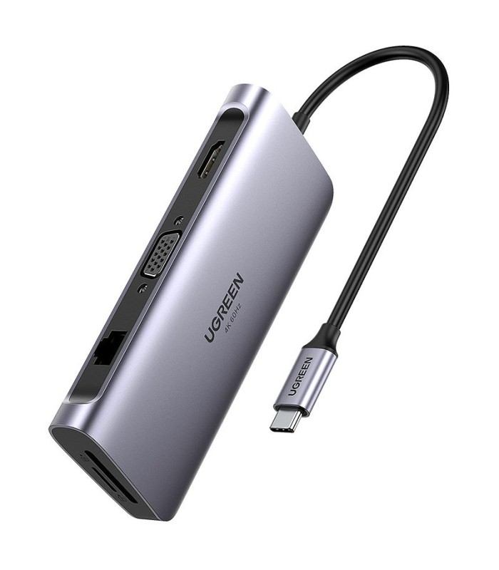 هاب 9 پورت Type C به 3.0 USB با پورت HDMI و VGA و LAN و درگاه کارت حافظه با قابلیت PD یوگرین 70490 CM179
