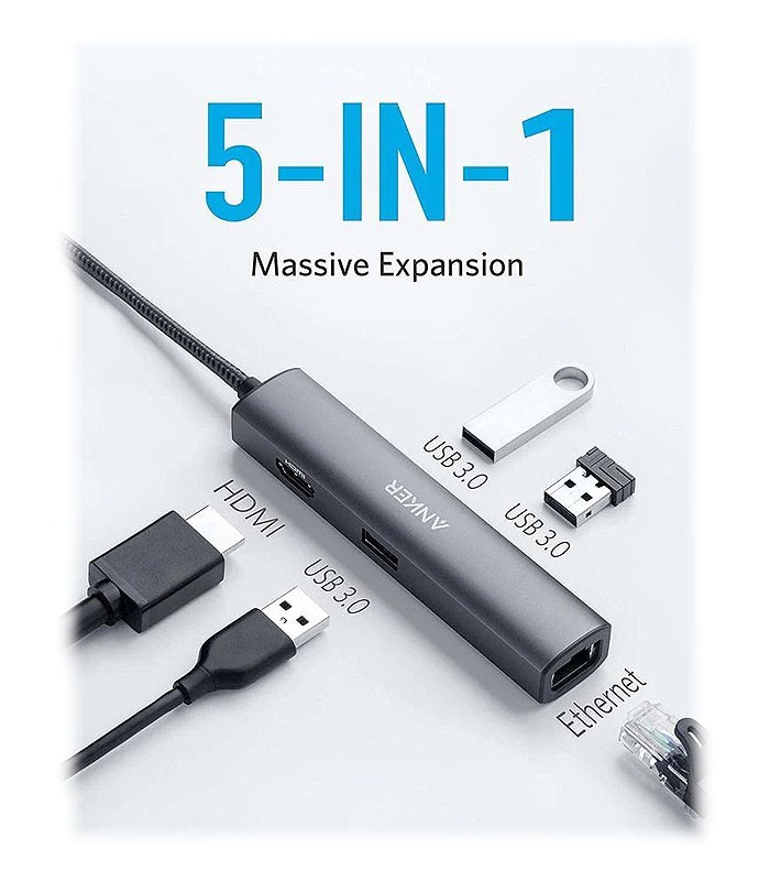 هاب 5 پورت Type C به USB 3.0 با پورت HDMI و LAN انکر 533 A8338