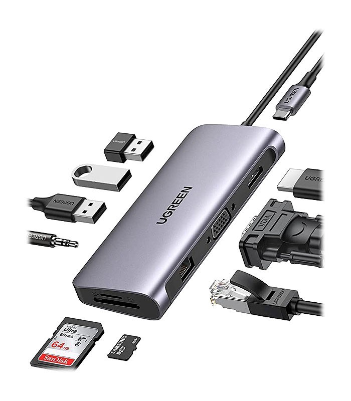 هاب 10 پورت Type C به 3.0 USB با پورت HDMI و VGA و LAN و میکروفون و درگاه کارت حافظه با قابلیت PD یوگرین 80133 CM179