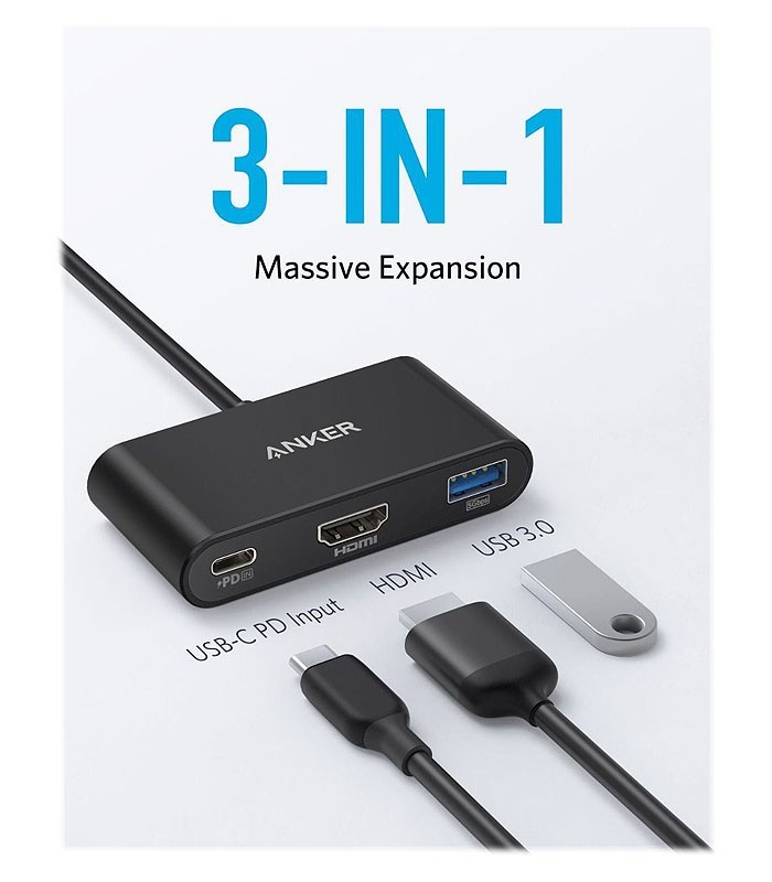هاب 3 پورت Type C به 3.0 USB با پورت HDMI با قابلیت PD انکر A8339