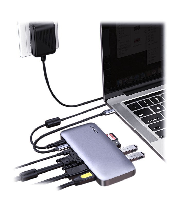 هاب 10 پورت 3.0 USB با پورت HDMI و VGA و DisplayPort و Type C درگاه کارت حافظه با قابلیت PD یوگرین 70305 CM280