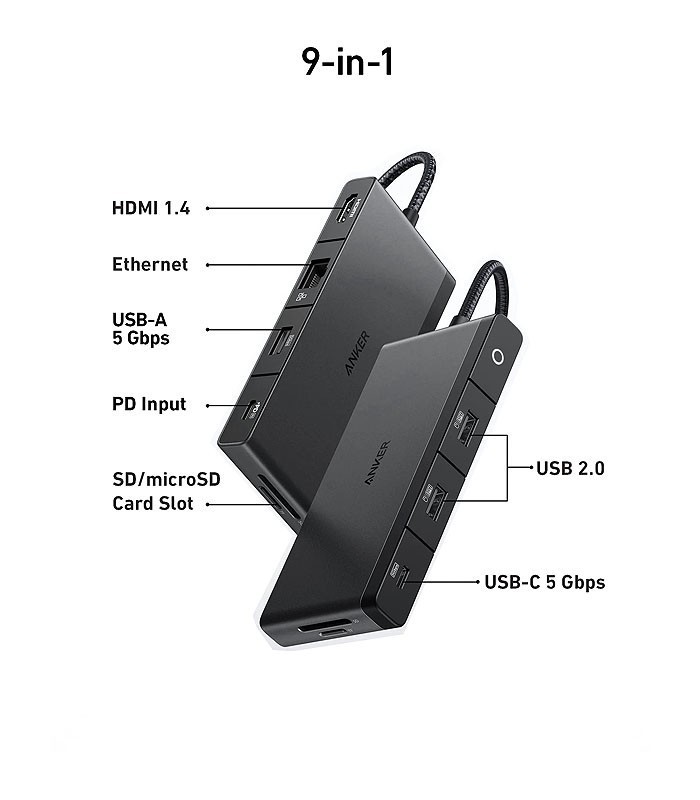 هاب 9 پورت Type C به USB 3.2 - 2.0 با پورت HDMI و Type C و LAN و درگاه کارت حافظه با قابلیت PD انکر 552 A8373