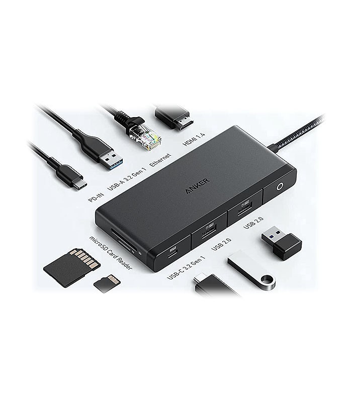 هاب 9 پورت Type C به USB 3.2 - 2.0 با پورت HDMI و Type C و LAN و درگاه کارت حافظه با قابلیت PD انکر 552 A8373