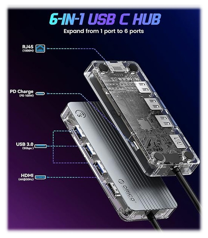 هاب 6 پورت Type C به USB 3.0 با پورت HDMI و LAN با قابلیت PD اوریکو WB-6RJ-V1