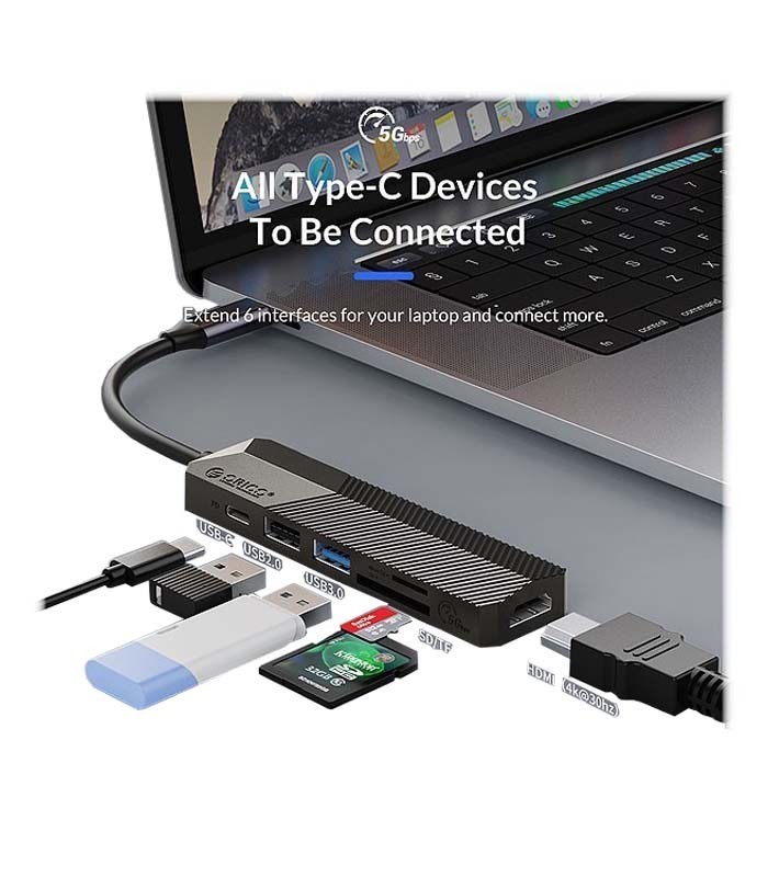 هاب 6 پورت Type C به USB 3.0 - 2.0 با پورت HDMI و درگاه کارت حافظه با قابلیت PD اوریکو MDK-6P