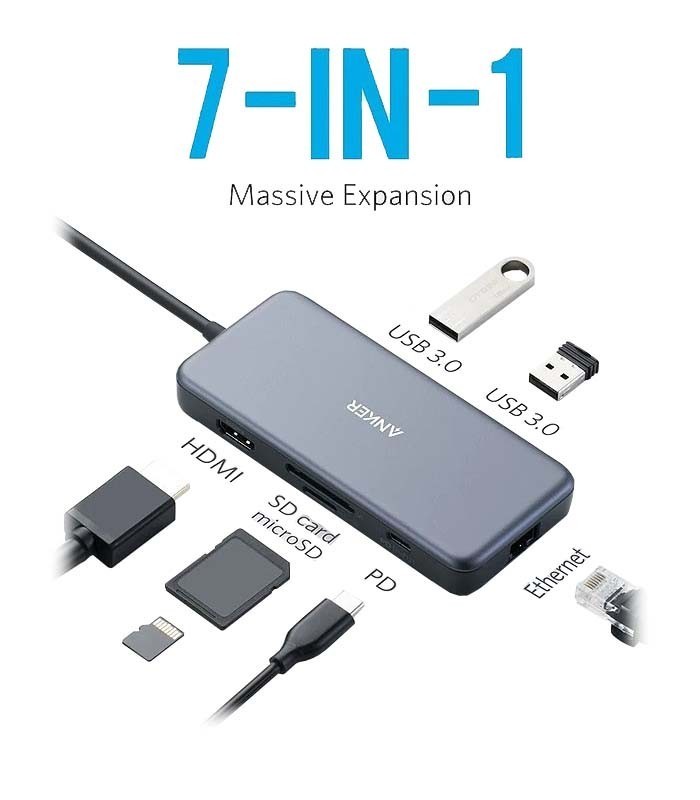 هاب 7 پورت Type C به USB 3.0 با پورت HDMI و LAN و درگاه کارت حافظه با قابلیت PD انکر A8352 