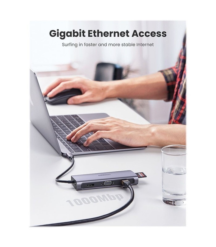 هاب 9 پورت Type C به 3.0 USB با پورت HDMI و VGA و LAN و درگاه کارت حافظه با قابلیت PD یوگرین 70490 CM179