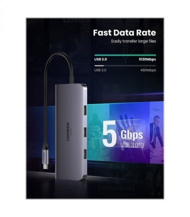 هاب 9 پورت Type C به 3.0 USB با پورت HDMI و VGA و LAN و درگاه کارت حافظه با قابلیت PD یوگرین 70490 CM179