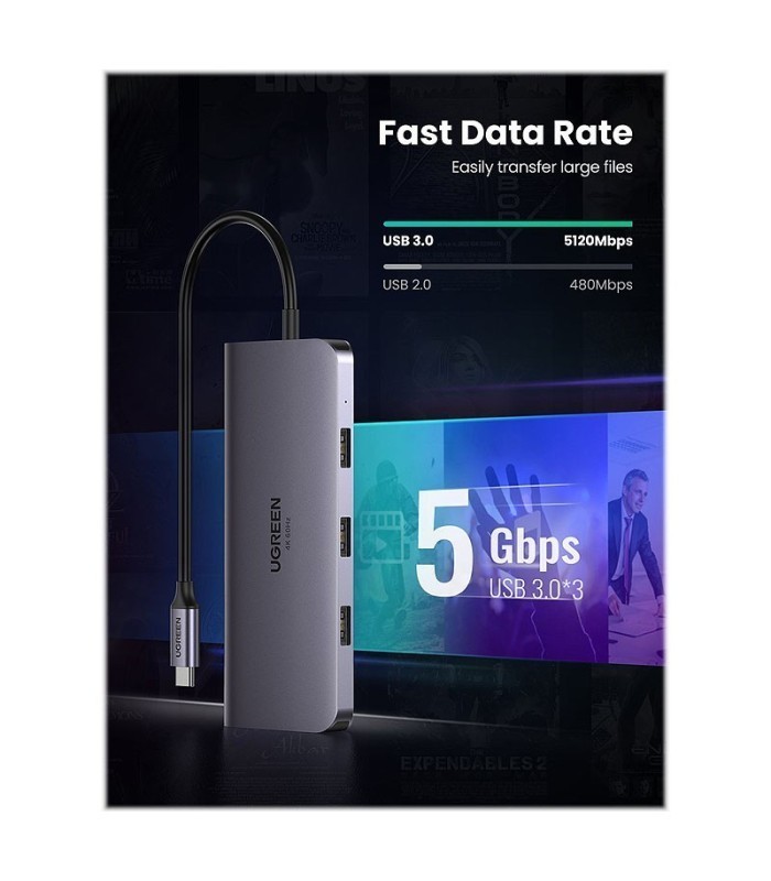 هاب 9 پورت Type C به 3.0 USB با پورت HDMI و VGA و LAN و درگاه کارت حافظه با قابلیت PD یوگرین 70490 CM179
